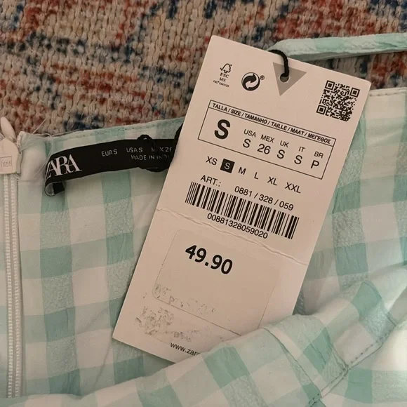 Zara Floral Beaded Gingham Fit and Flare Mini Dress SZ S NWT - Picture 7 of 7